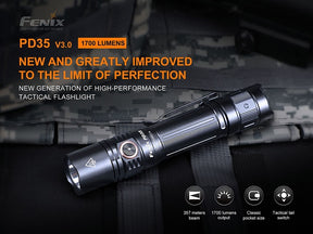 Compact Fenix PD35 V3.0 flashlight with five output levels and instant strobe function