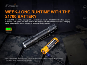 Fenix PD36 TAC flashlight in Tactical Mode, offering fast operation and simplified selection of high output and instant strobe.