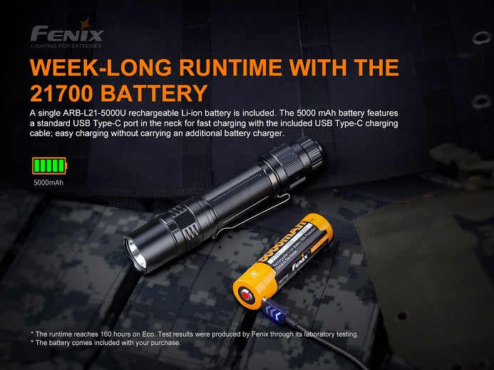 Fenix PD36 TAC flashlight in Tactical Mode, offering fast operation and simplified selection of high output and instant strobe.