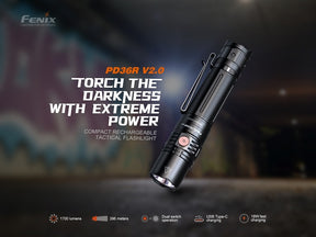 Fenix PD36R V2.0 flashlight demonstrating its powerful beam, capable of delivering up to 1700 lumens and reaching a distance of 396 meters