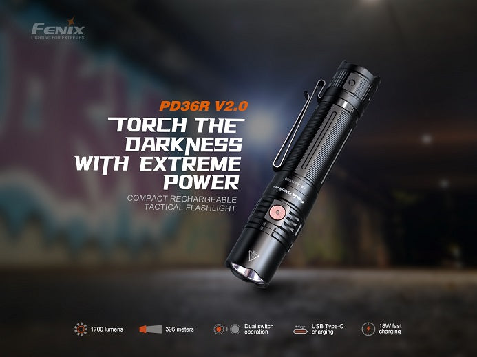 Fenix PD36R V2.0 flashlight demonstrating its powerful beam, capable of delivering up to 1700 lumens and reaching a distance of 396 meters