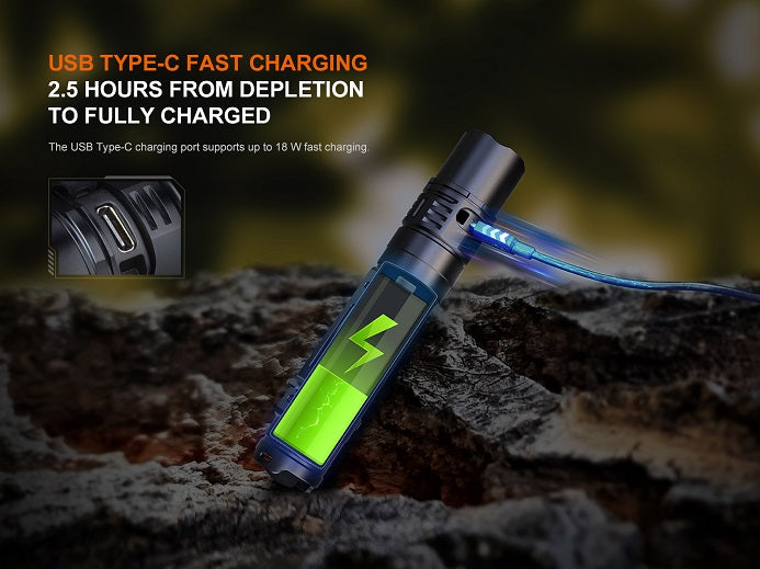 Fenix PD36R V2.0 flashlight with the included ARB-L21-5000 V2.0 rechargeable battery and USB Type-C charging port that supports 18W fast charging.