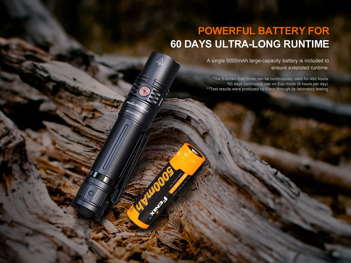 Fenix PD36R V2.0 flashlight with included accessories: ARB-L21-5000 V2.0 battery, Type-C charging cable, holster, lanyard, spare O-rings, user manual, and warranty card.