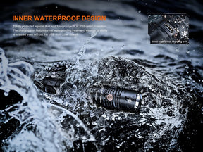 Fenix PD36R V2.0 flashlight submerged in water, demonstrating its IP68-rated protection against dust and water