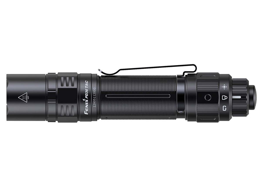 Fenix PD36 TAC flashlight, a tactical version of the PD36R, featuring a rotary toggle tail switch design and durable black aluminum body