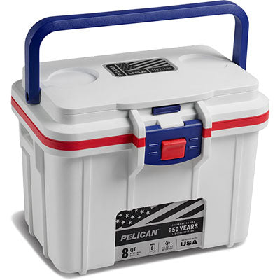 White cooler with blue and red accents, featuring a Pelican logo on a white background.