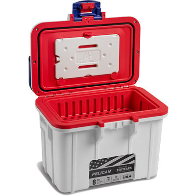 Red and white cooler box with a visible Pelican logo on a white background