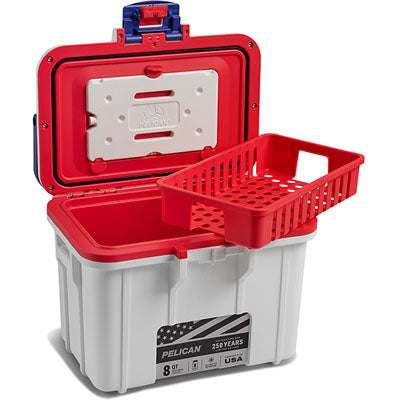 Red and gray cooler box with a basket on a white background