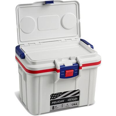 White Pelican cooler with red and blue accents on a white background