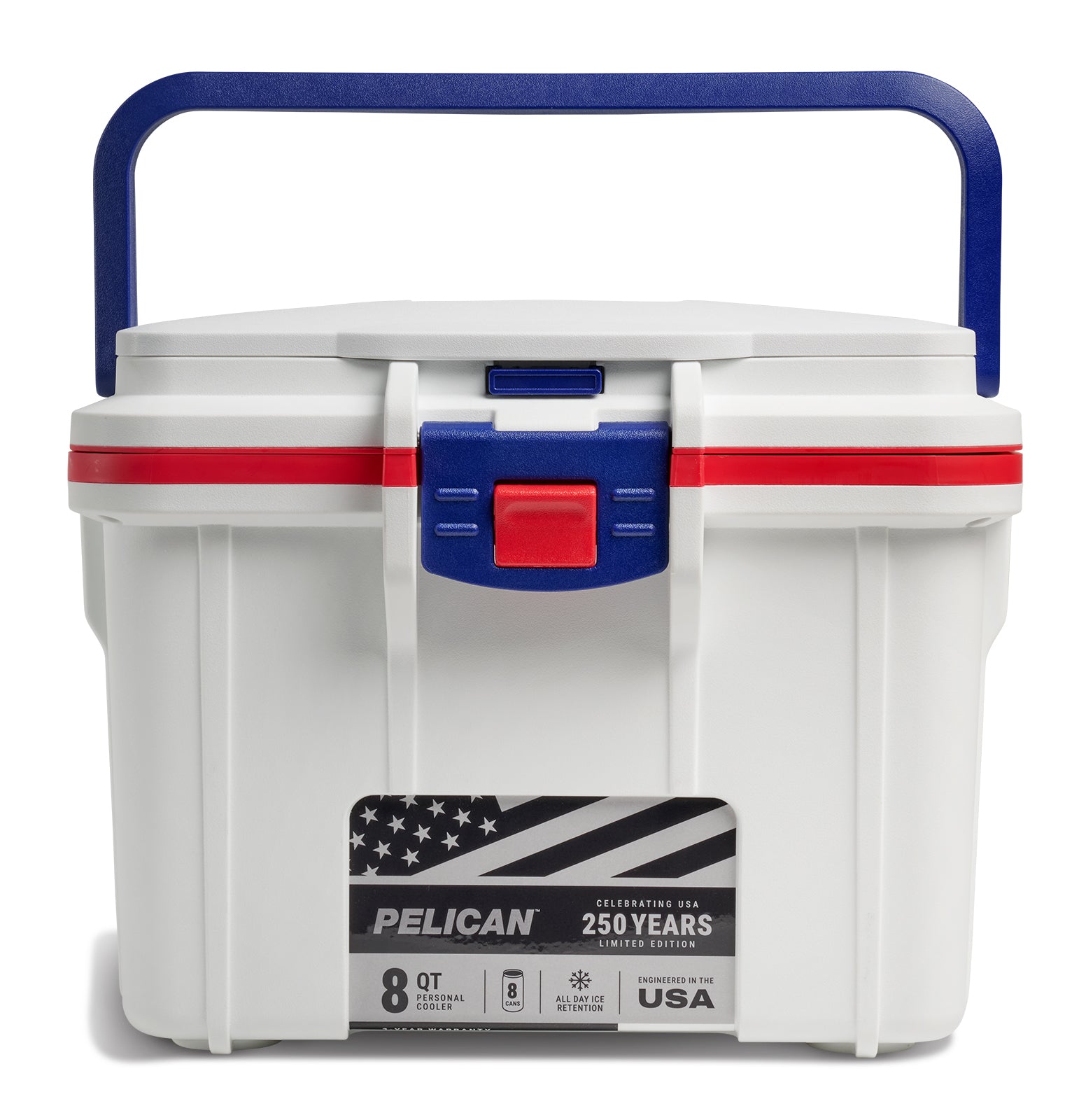 White cooler with red, white, and blue accents and a Pelican logo on a white background