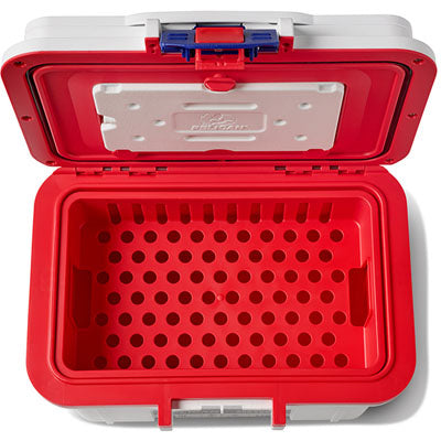Red and white cooler box with a transparent lid on a white background