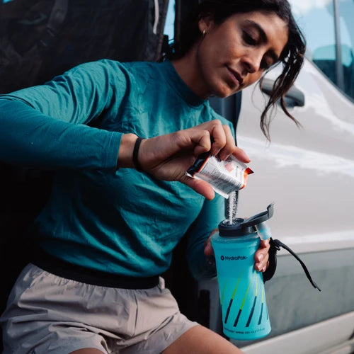 HydraPak soft flask with sweatproof adjustable hand strap