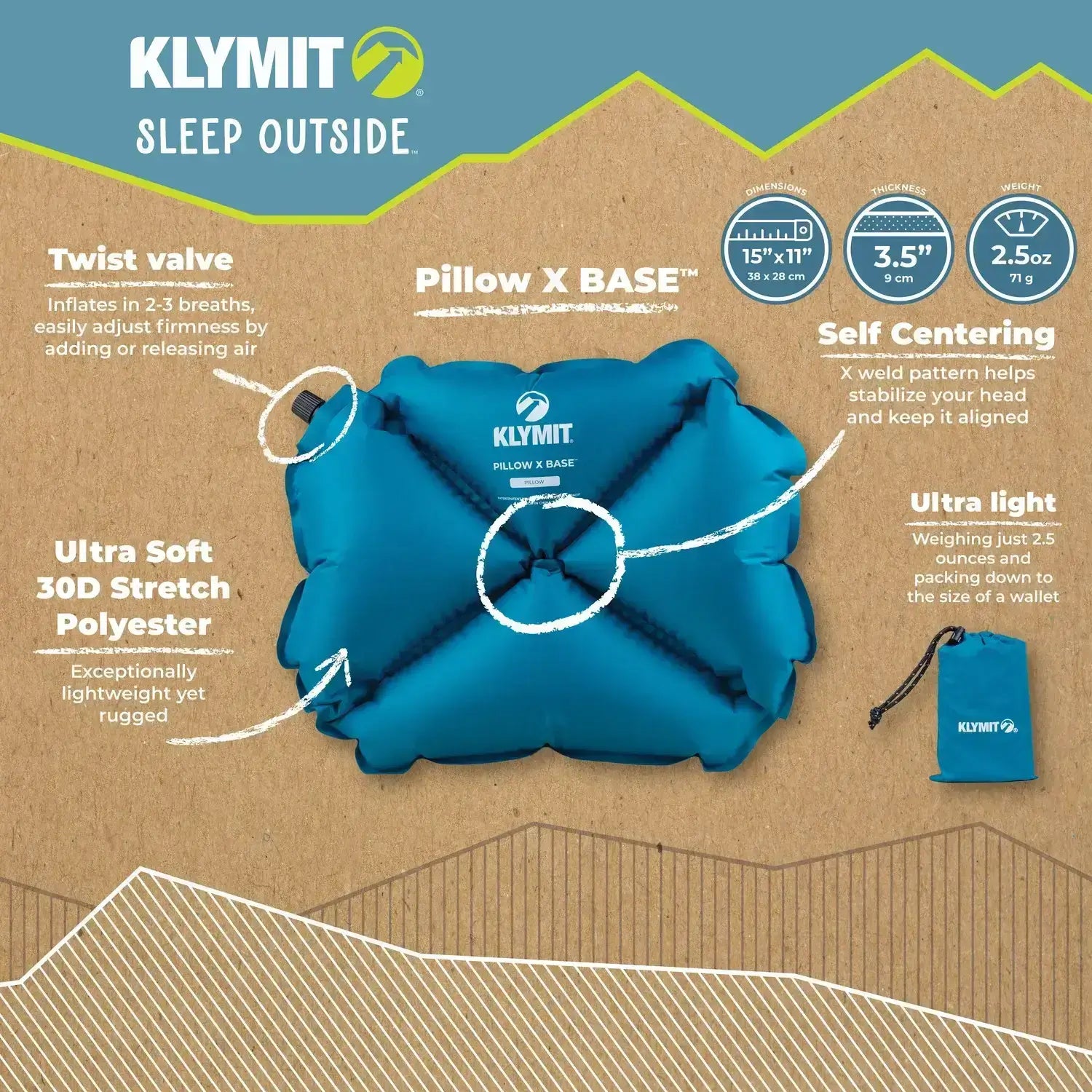 Inflatable camp pillow with self-centering head support