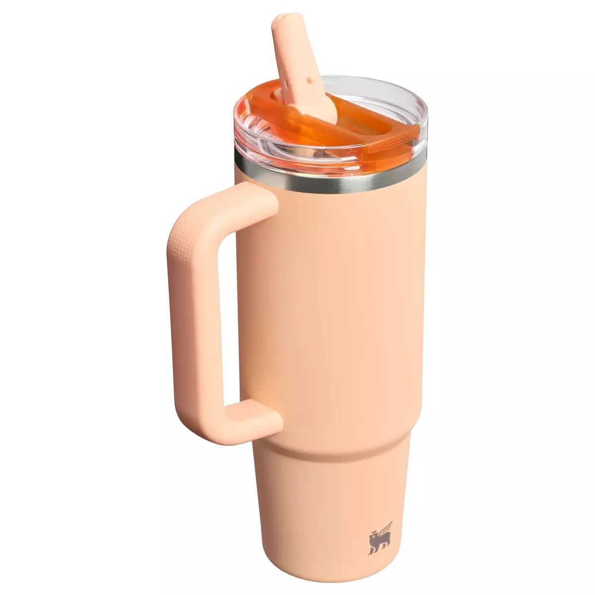 Pink travel mug with a handle and straw on a white background