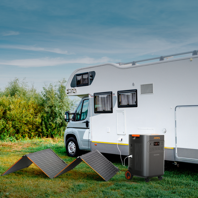 The Jackery 340X solar panels folded down into a compact carrying bag for easy transport and RV storage.