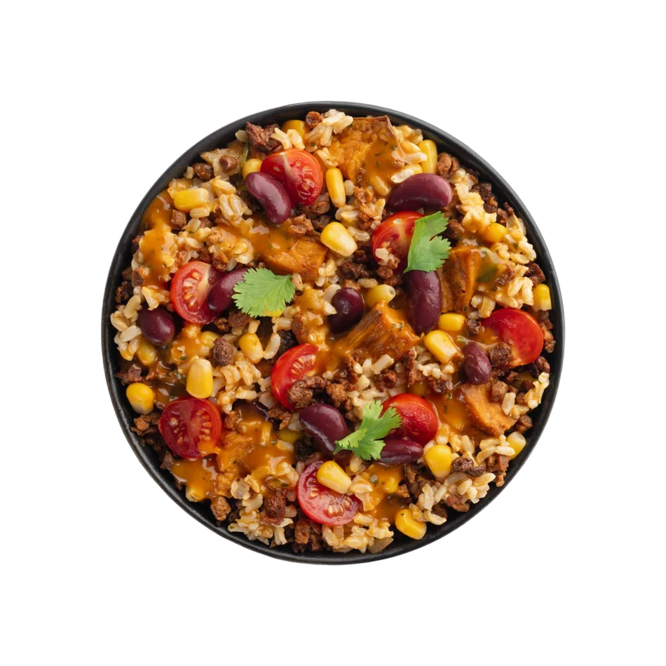 SLY Burrito Bowl freeze-dried meal with sweet potato, brown rice and plant-based protein