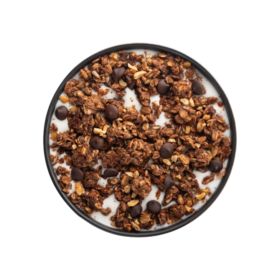 SLY Chocolate Peanut Granola outdoor breakfast with peanut butter and oats