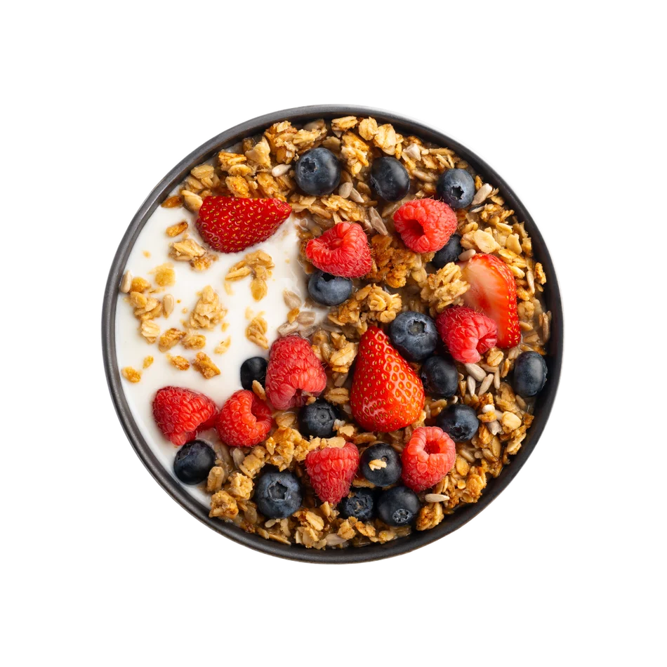 SLY Red Berry Granola outdoor breakfast with strawberries, raspberries and blueberries