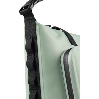 Light green bag with black strap on a white background