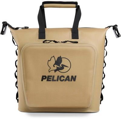 Tan Pelican bag with black handles and logo on a white background