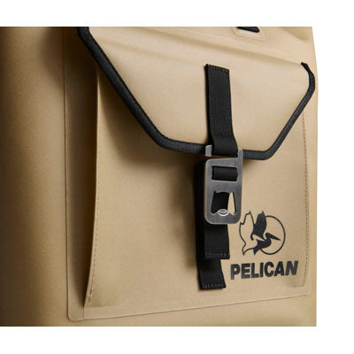 Beige bag with a black strap and Pelican logo on a beige background