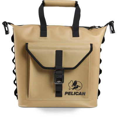 Beige Pelican bag with black straps and logo on a white background