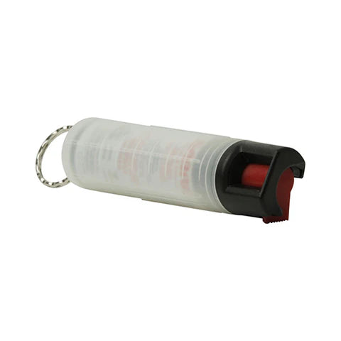 Compact 22g Sabre Dog Pepper Spray in white with a key ring and twist-lock firing mechanism