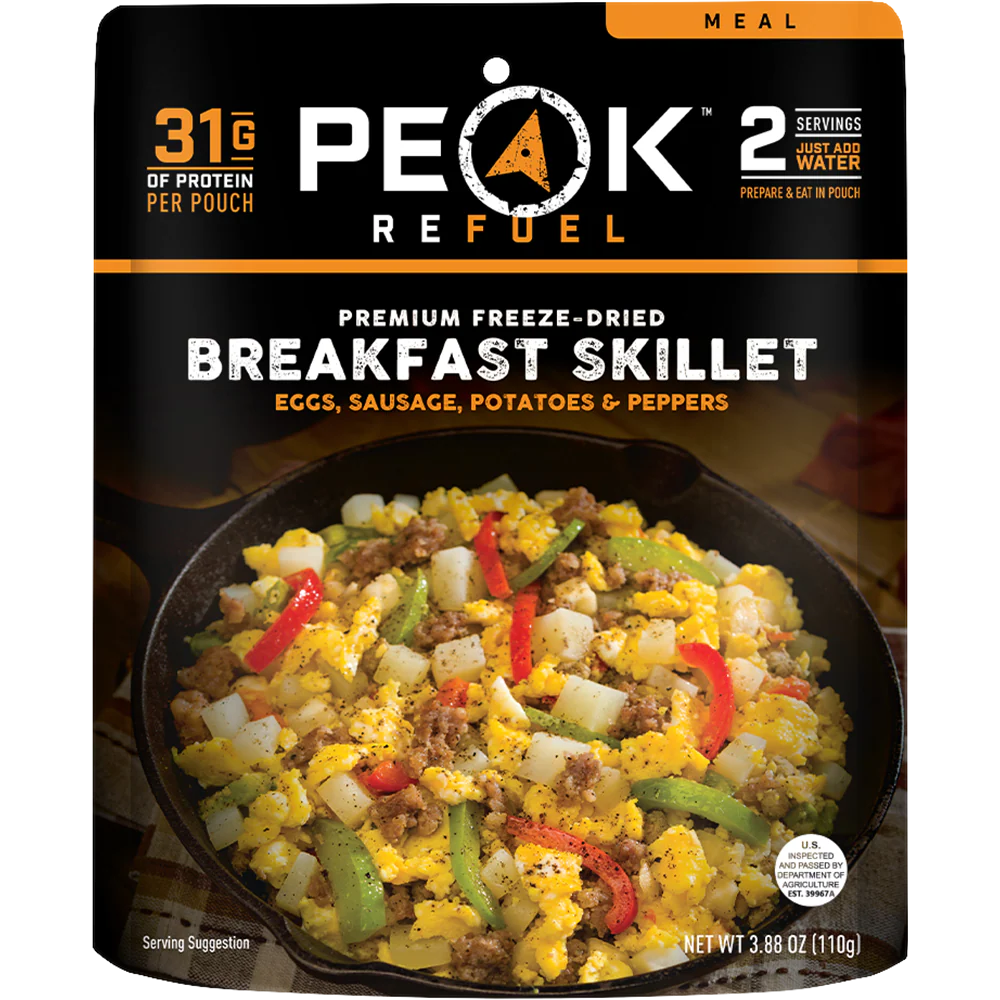 High protein breakfast skillet backpacking meal with sausage potatoes and eggs