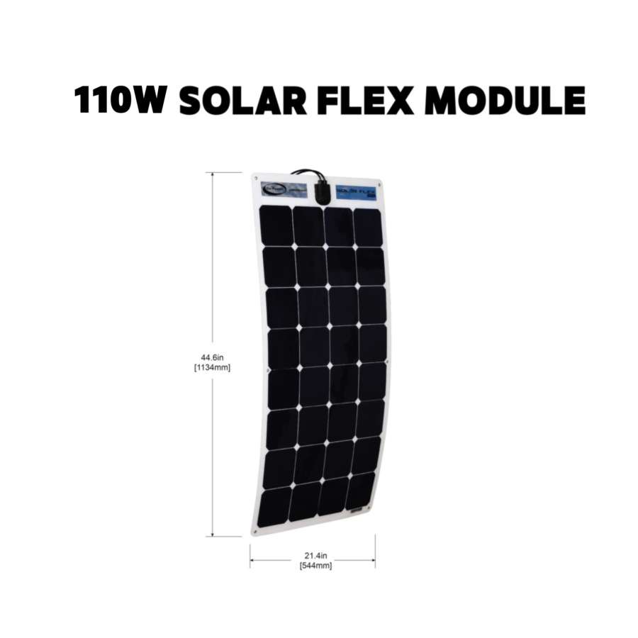 Go Power! 110-Watt Solar Flex™ Kit components, including the flexible solar panel, a 30-amp Bluetooth® PWM solar controller, and 25 feet of red and black solar output cables.