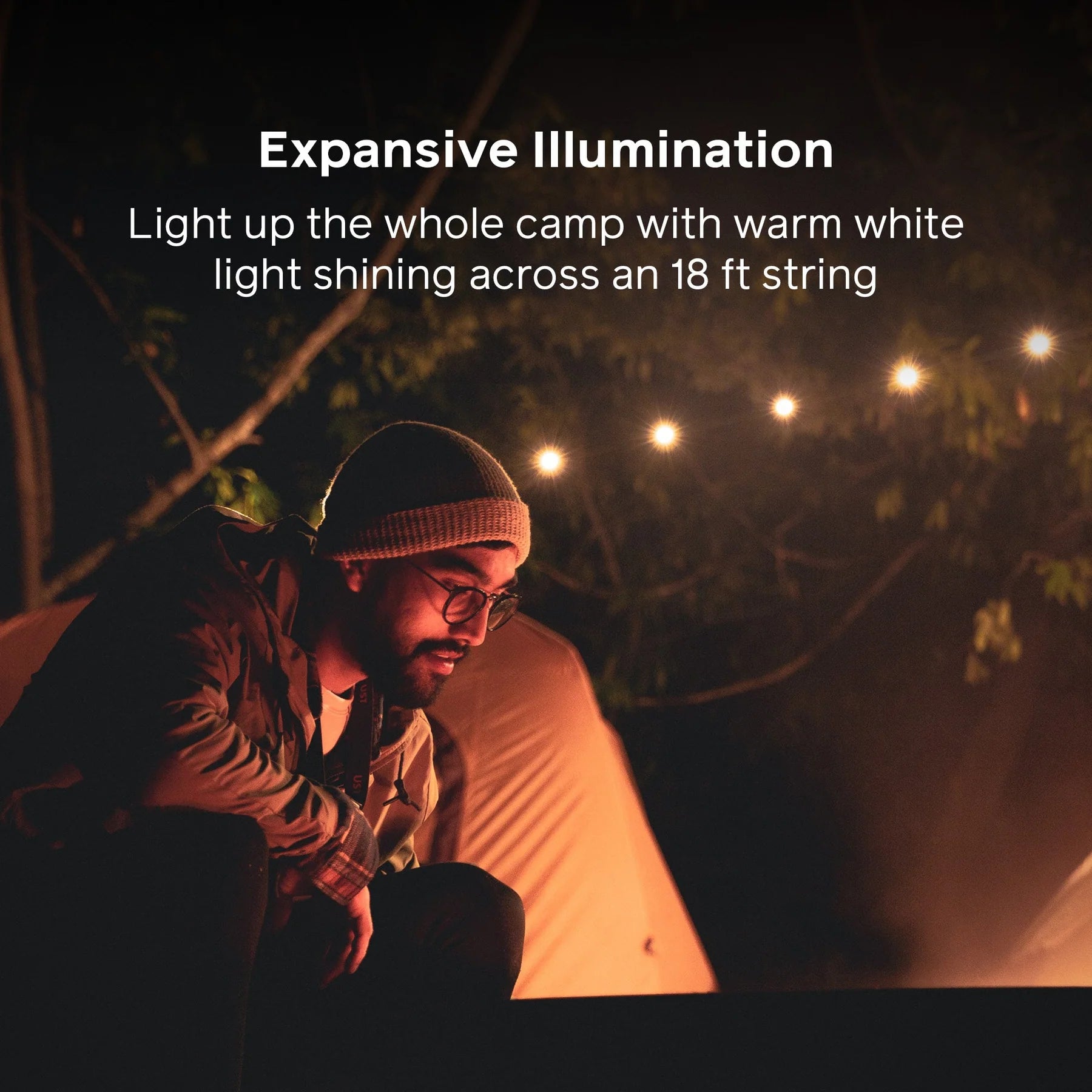 Portable Outdoor String Lights Kit with Warm White Bulbs and Mobile Charger