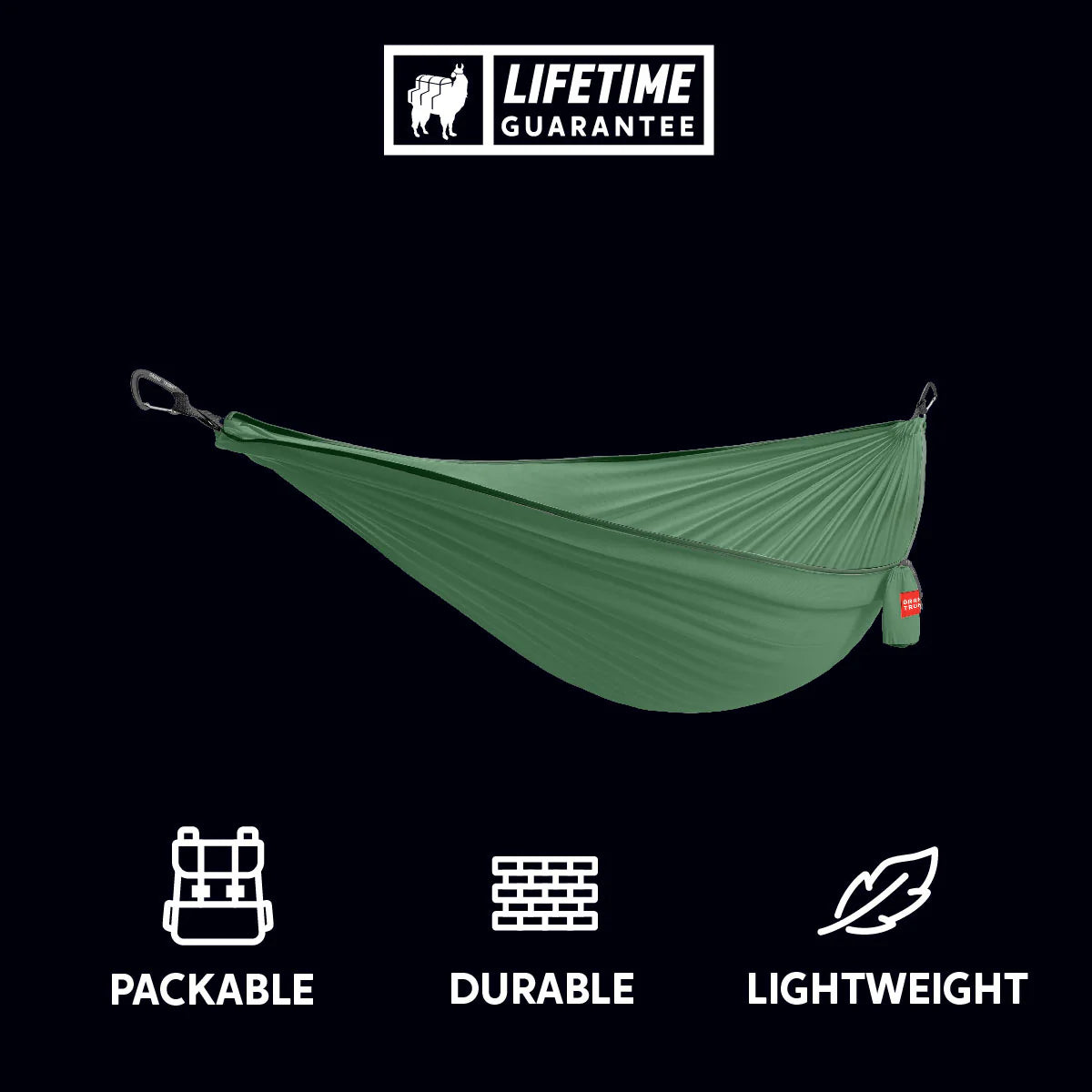 Compact starter hammock with triple-lock stitched seams and two nautical-grade carabiners included