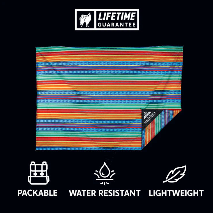 Compact picnic blanket with waterproof PU coating and stake loops