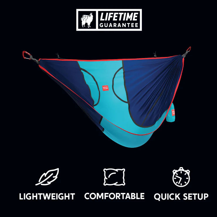 Lightweight packable hanging chair with included suspension straps and integrated stuff sack