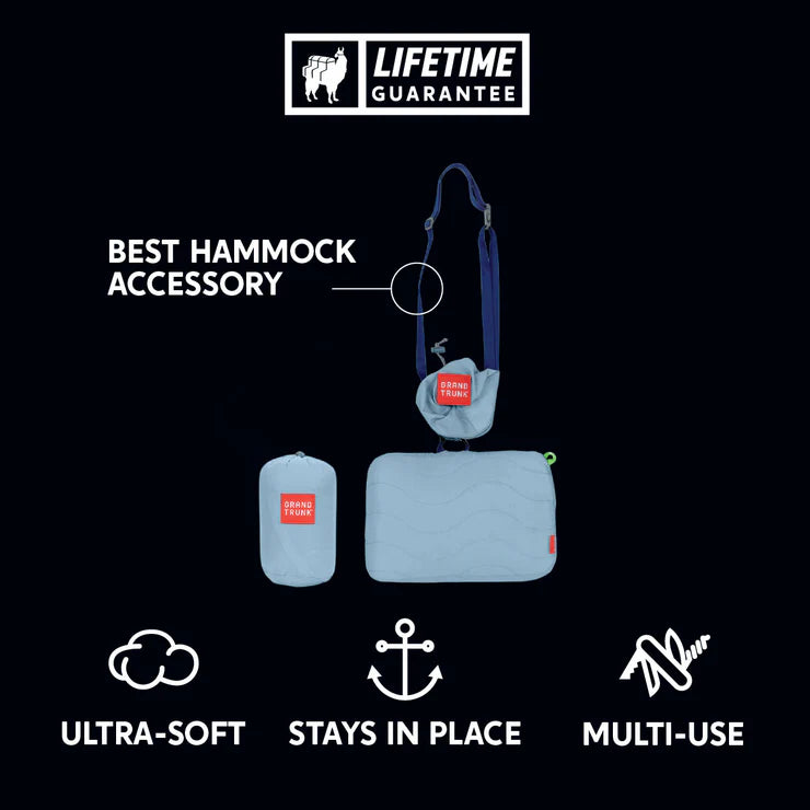 Ultra-soft travel hammock pillow compatible with most hammocks and easy to attach to carabiners