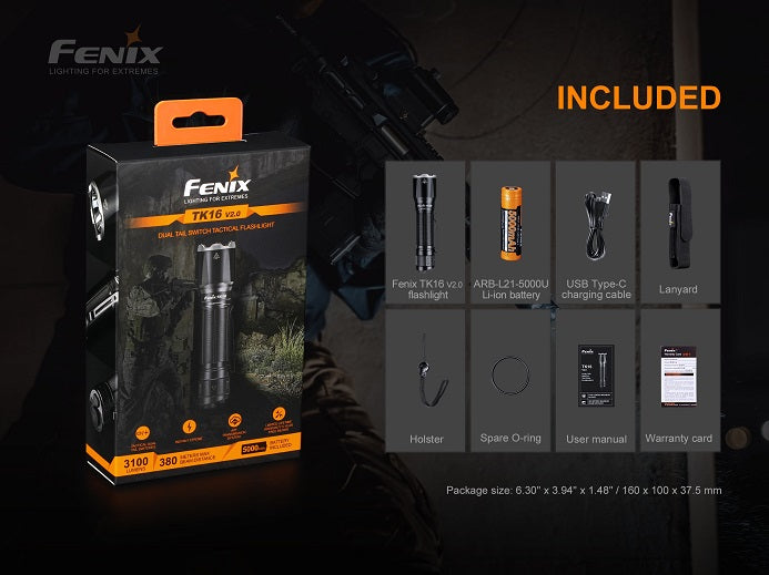 Accessories included with the Fenix TK16 V2.0 flashlight: holster, lanyard, USB Type-C charging cable, Fenix ARB-L21 21700 5000U battery, spare O-ring, user manual, and warranty card.