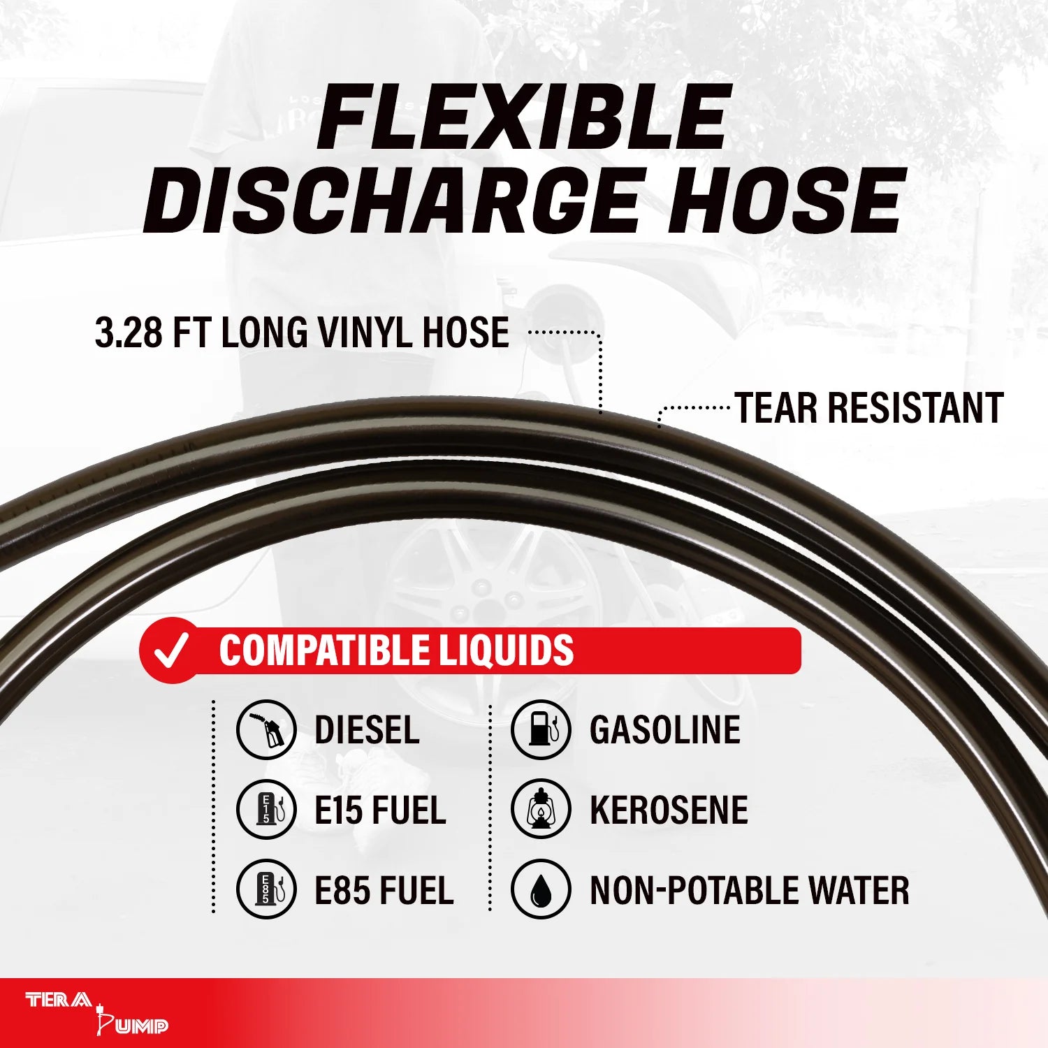 Lightweight TeraPump TRFA01 with upgraded vinyl discharge hose