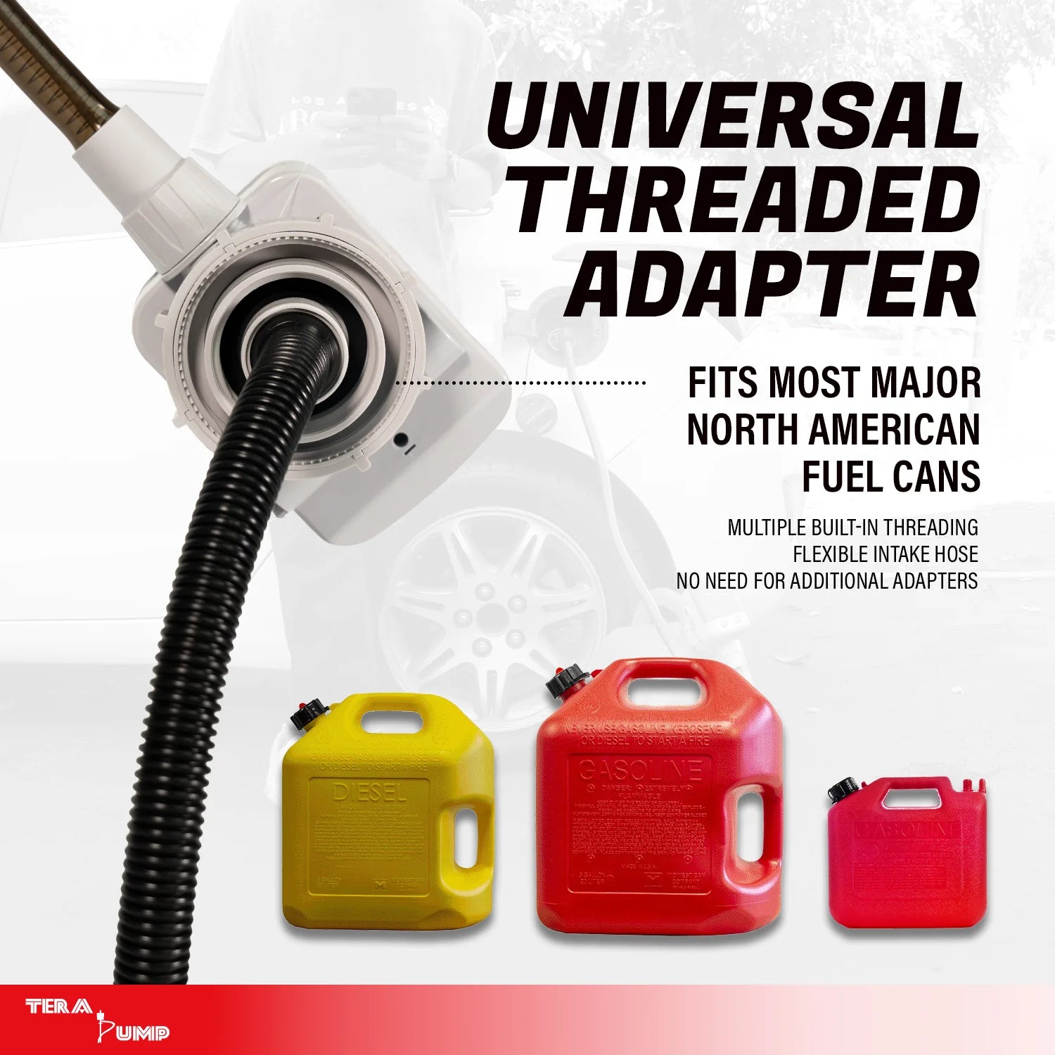 Universal threaded adapter with flexible intake hose, compatible with major North American fuel cans.