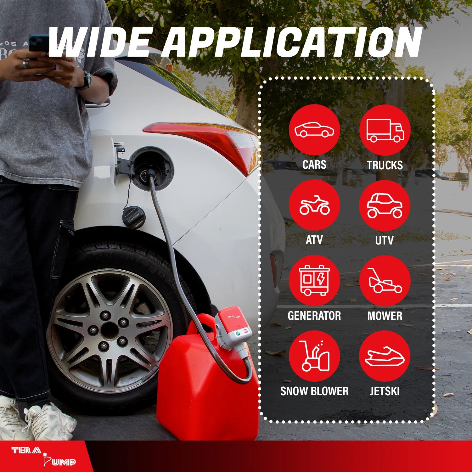 Person refueling a vehicle with a red fuel canister, surrounded by icons indicating wide application for various vehicles.