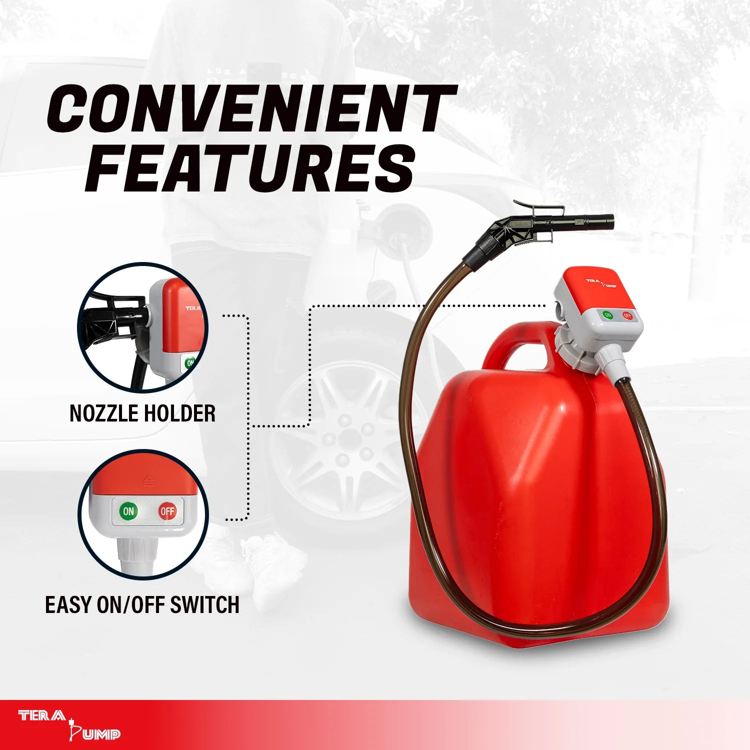 Red pump with hose and nozzle holder on a white background, featuring Tera Pump branding.