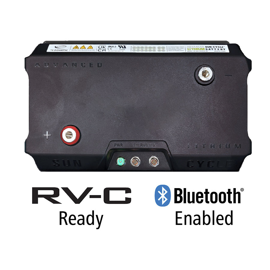 Sun Cycle Advanced 100Ah Lithium Iron Phosphate Battery featuring smart Bluetooth connectivity and integrated battery management system