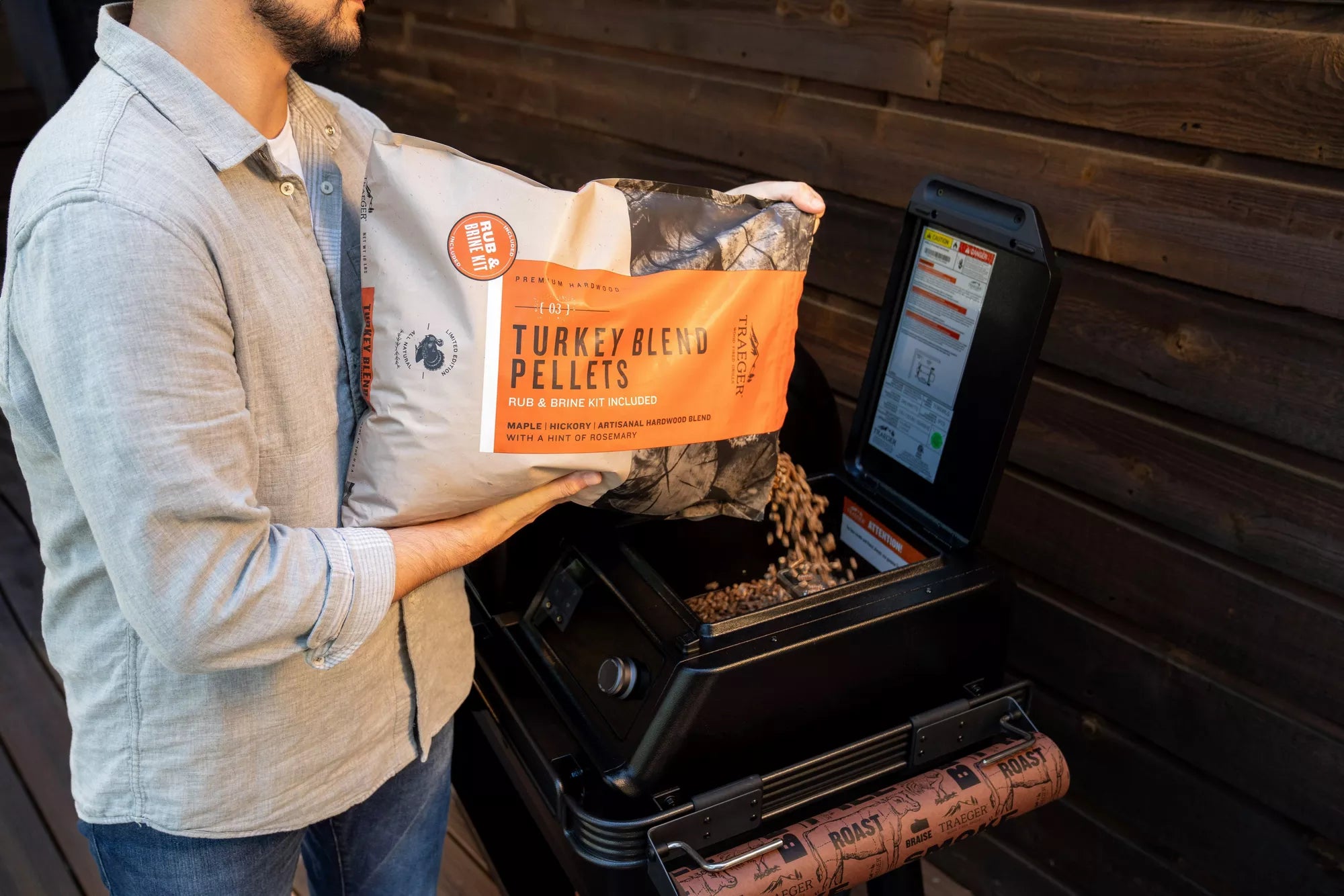 Thanksgiving turkey smoking with Traeger pellet grill and turkey blend hardwood pellets