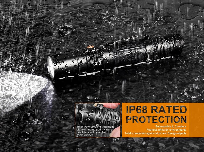 Image highlighting the durable aluminum construction and IP68 rated protection of the Fenix UC35 V2.0 flashlight, suitable for various conditions