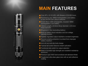 Detailed image of the tactical tail switch and functional side switch on the Fenix UC35 V2.0, used for controlling output levels and strobe mode