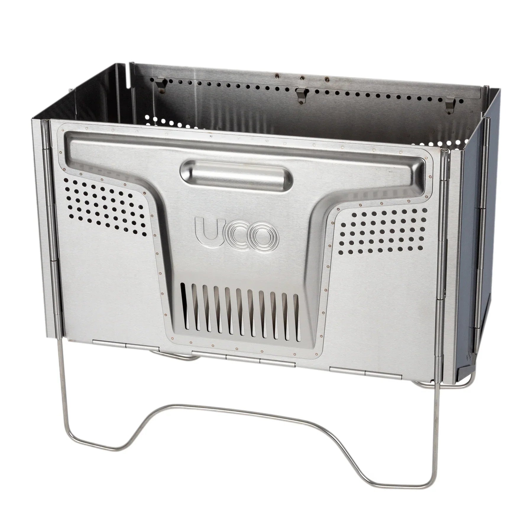 Flatpack Smokeless Firepit and Grill with stainless steel body, grill grate insert, and double-wall design for smokeless burn"