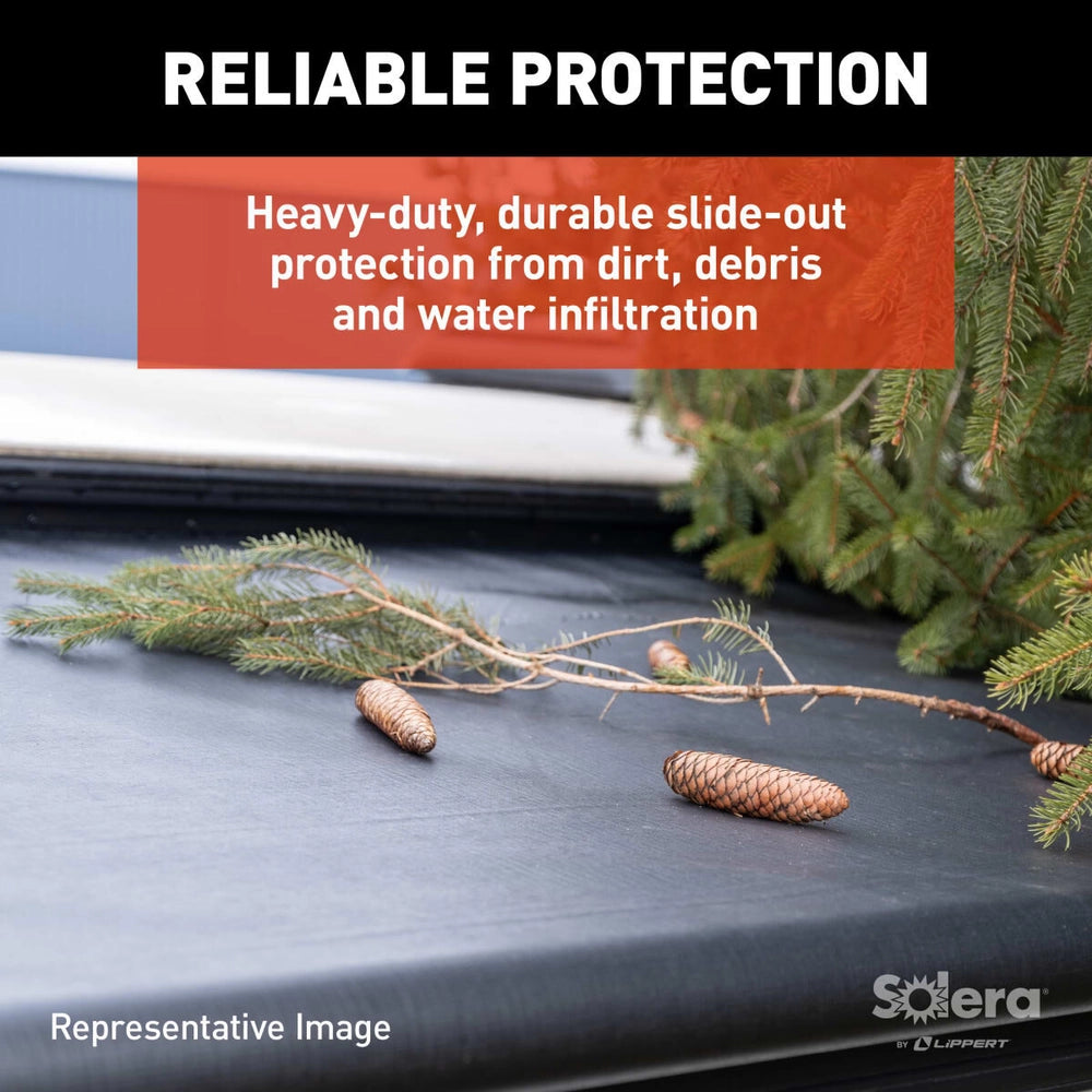 Solera slide topper automatically extending with RV slide-out, providing synchronized movement and protection

