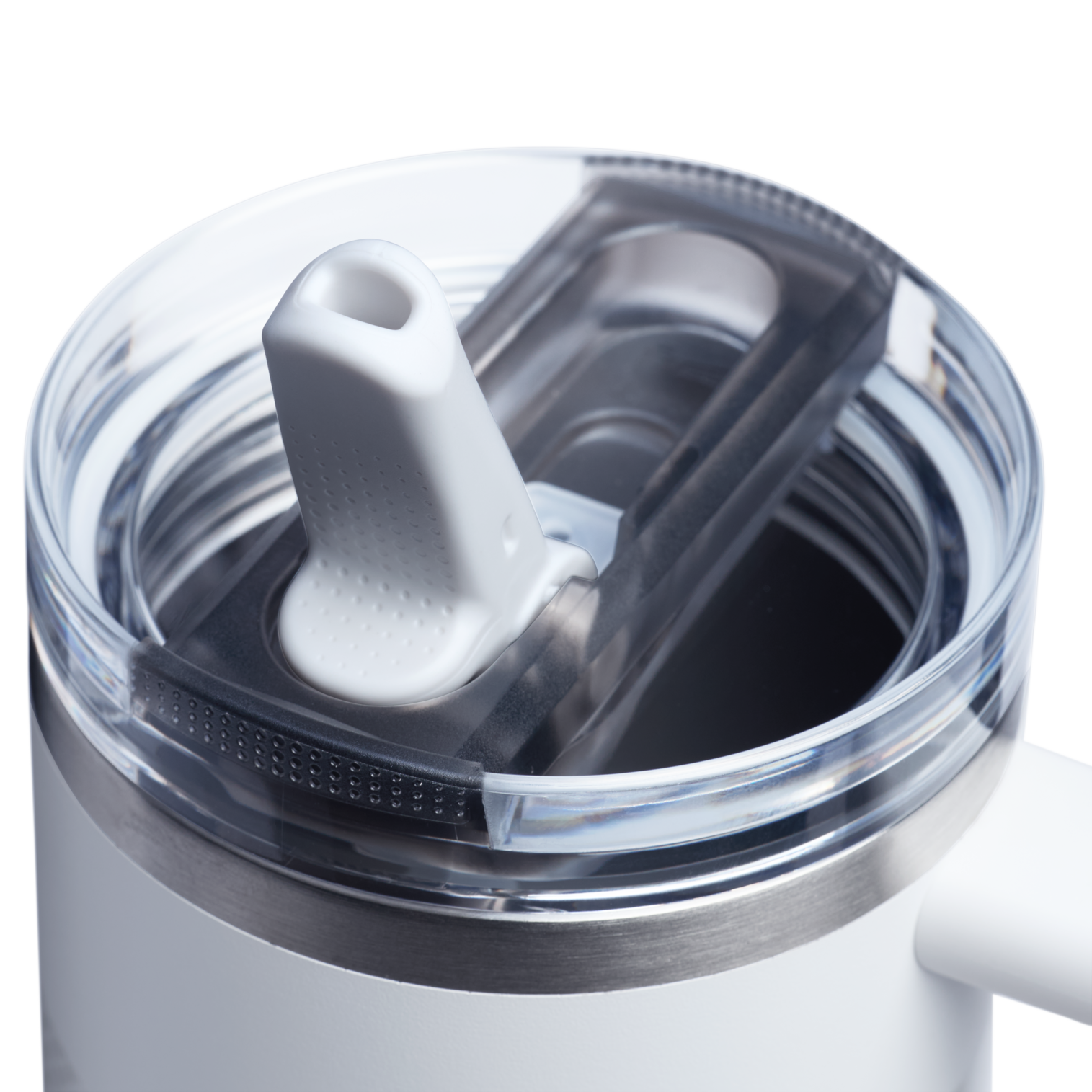 Quencher tumbler with textured comfort-grip handle and recycled stainless steel body