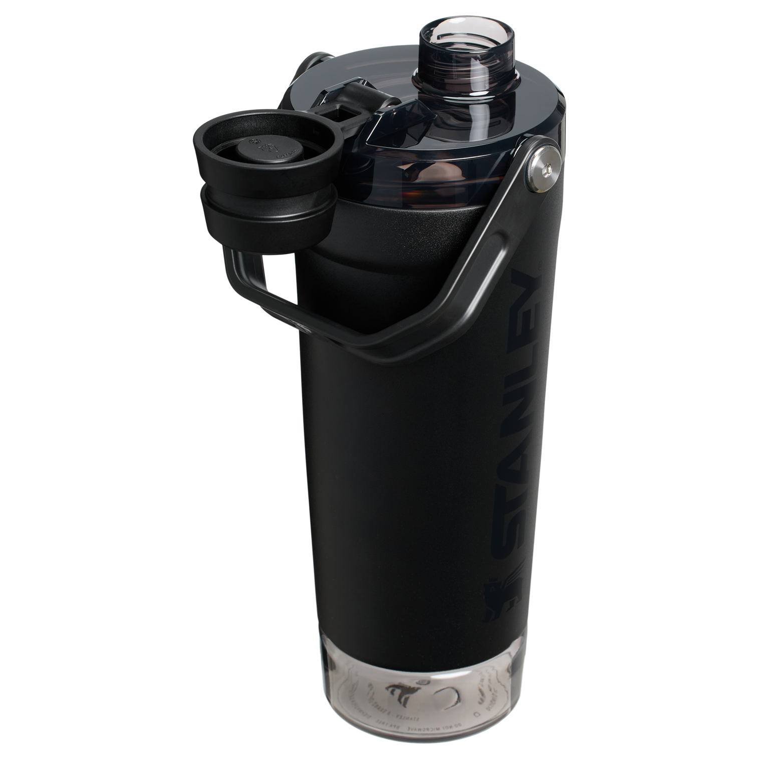 Black insulated bottle with a clear lid on a white background