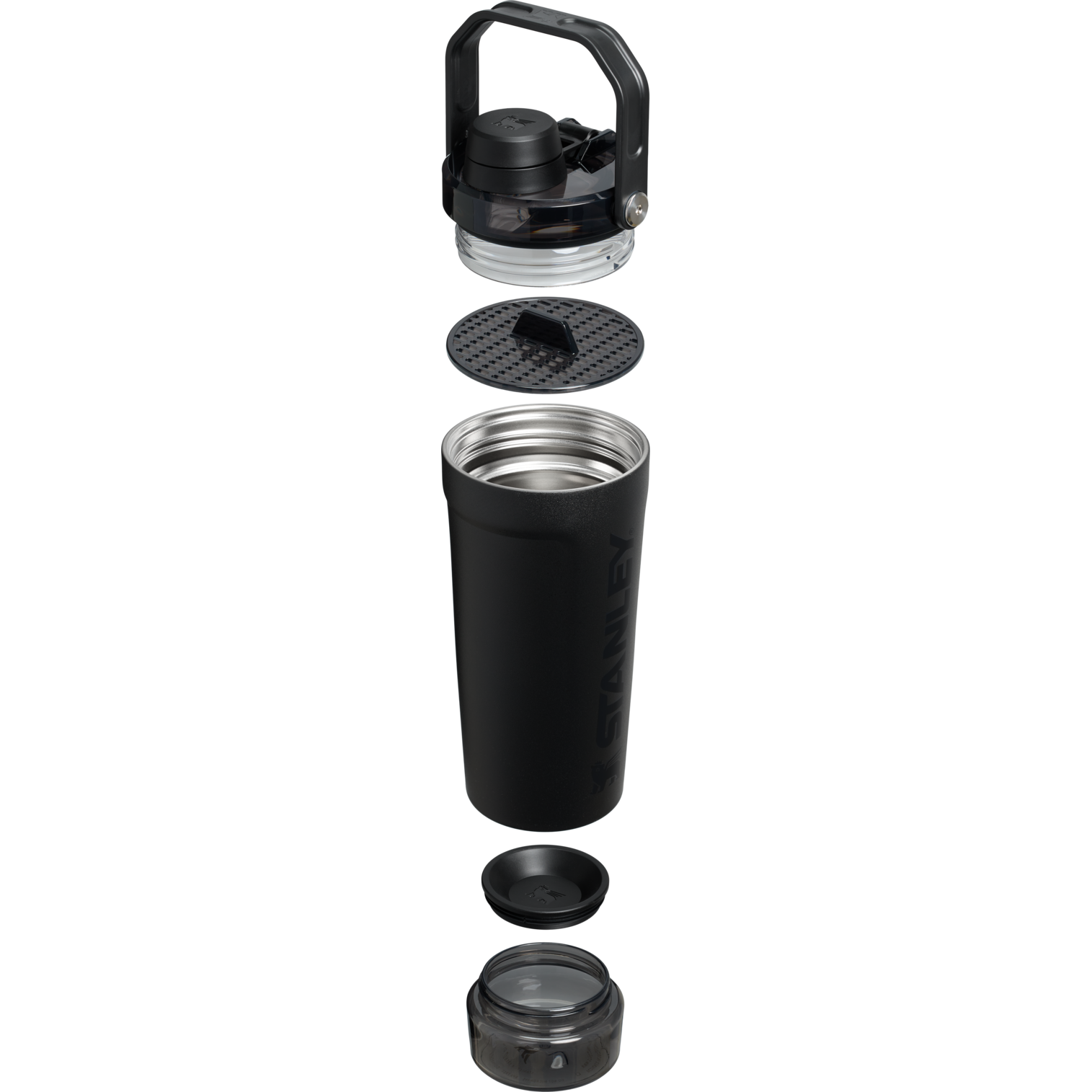 Black insulated tumbler with multiple lids on a white background