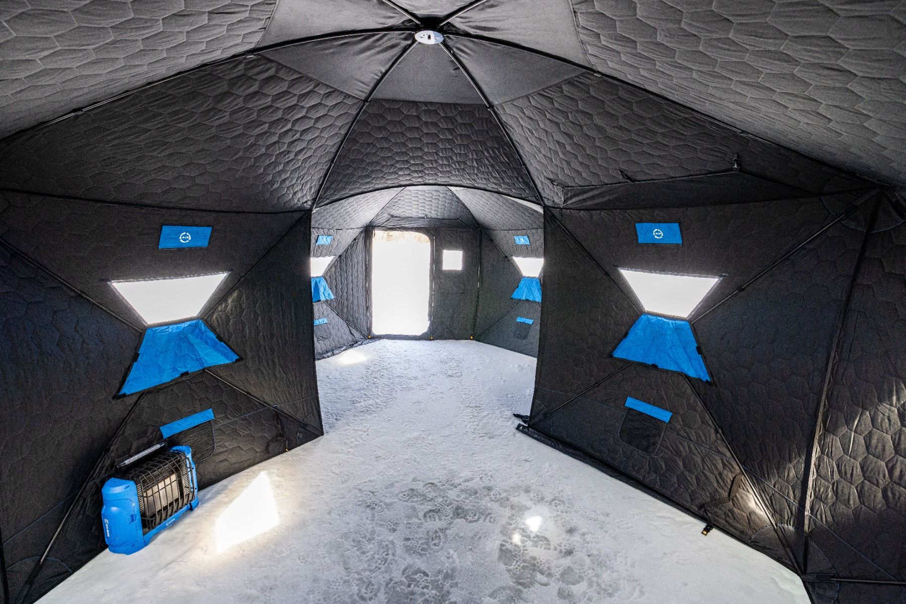 Interior view of Clam X-1200 Thermal shelter with 188 square feet of fishable space