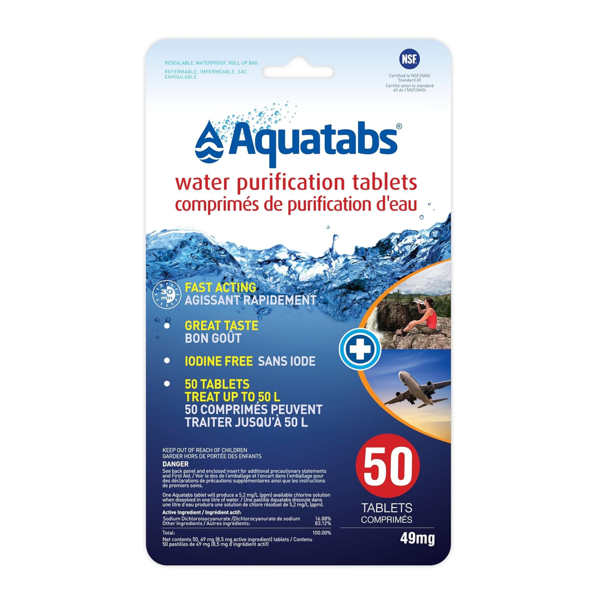 Aquatabs 49mg water purification tablets with bilingual Canadian packaging and 50-count foil pouch